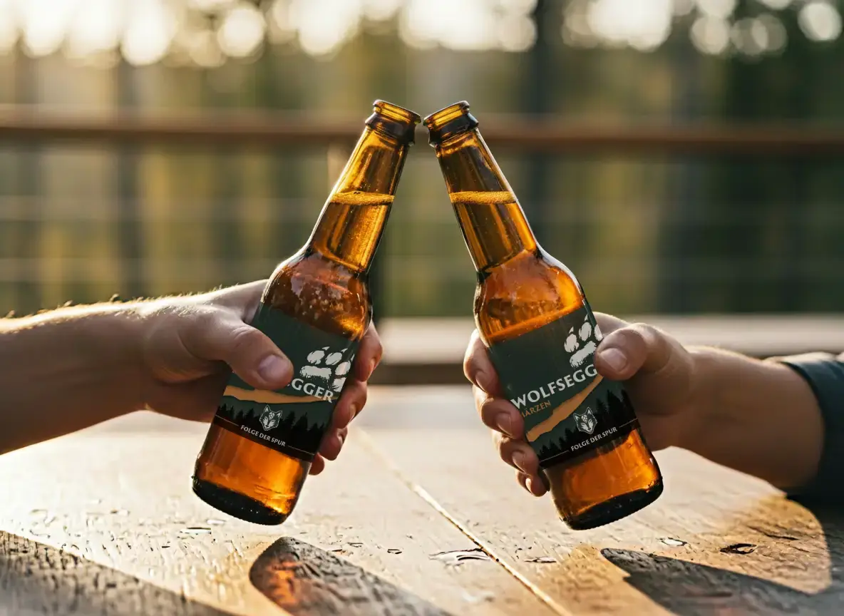 Nahaufnahme von zwei gekühlten Wolfsegger Bierflaschen, die im Freien anstoßen (Prost), umgeben von einer fröhlichen Atmosphäre.