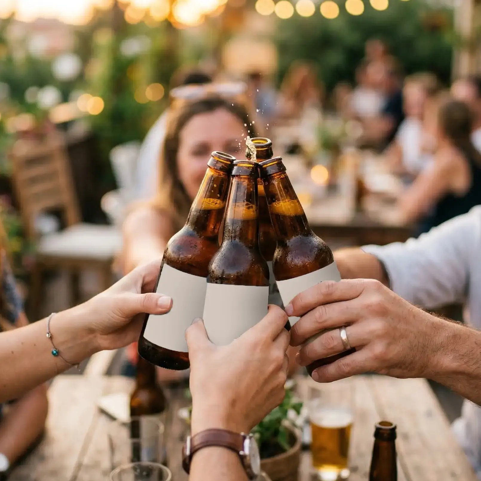 Vier Bierflaschen beim Anstoßen – ideal für Vereine, Feste und Events mit eigenem Vereinsbier.