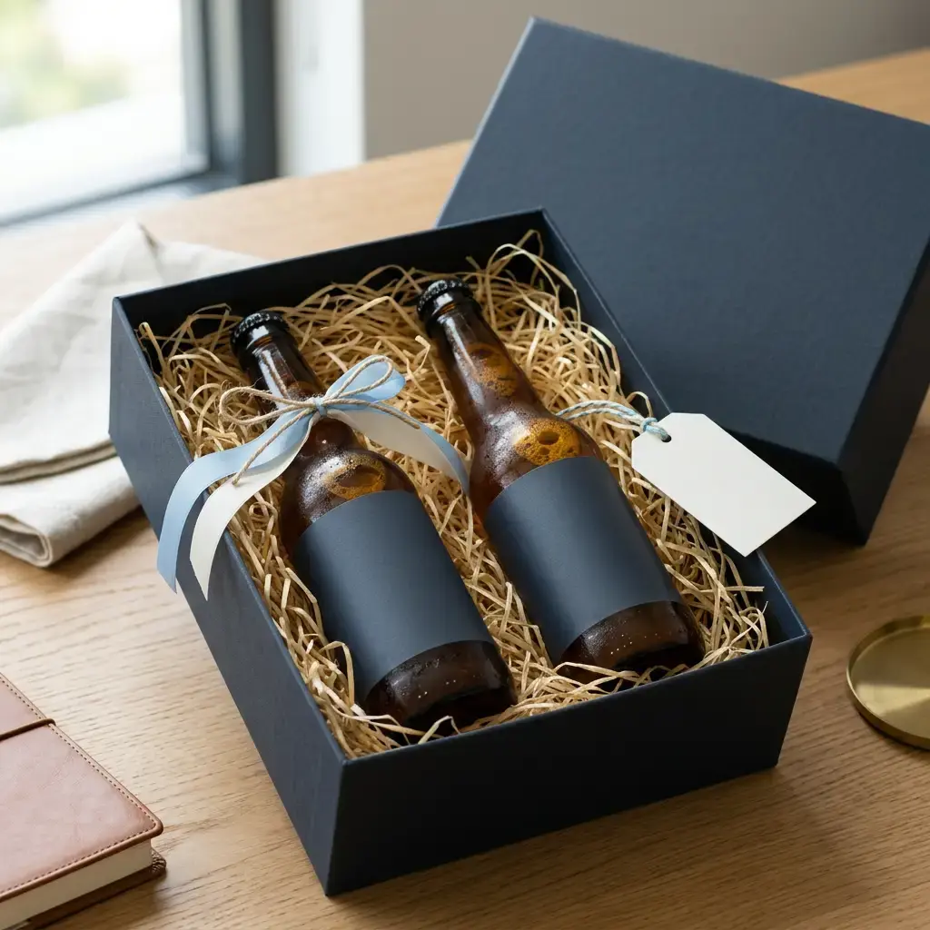 Individuell gebrautes Bier in einer edlen Geschenksverpackung als personalisiertes Kundengeschenk für Unternehmen.