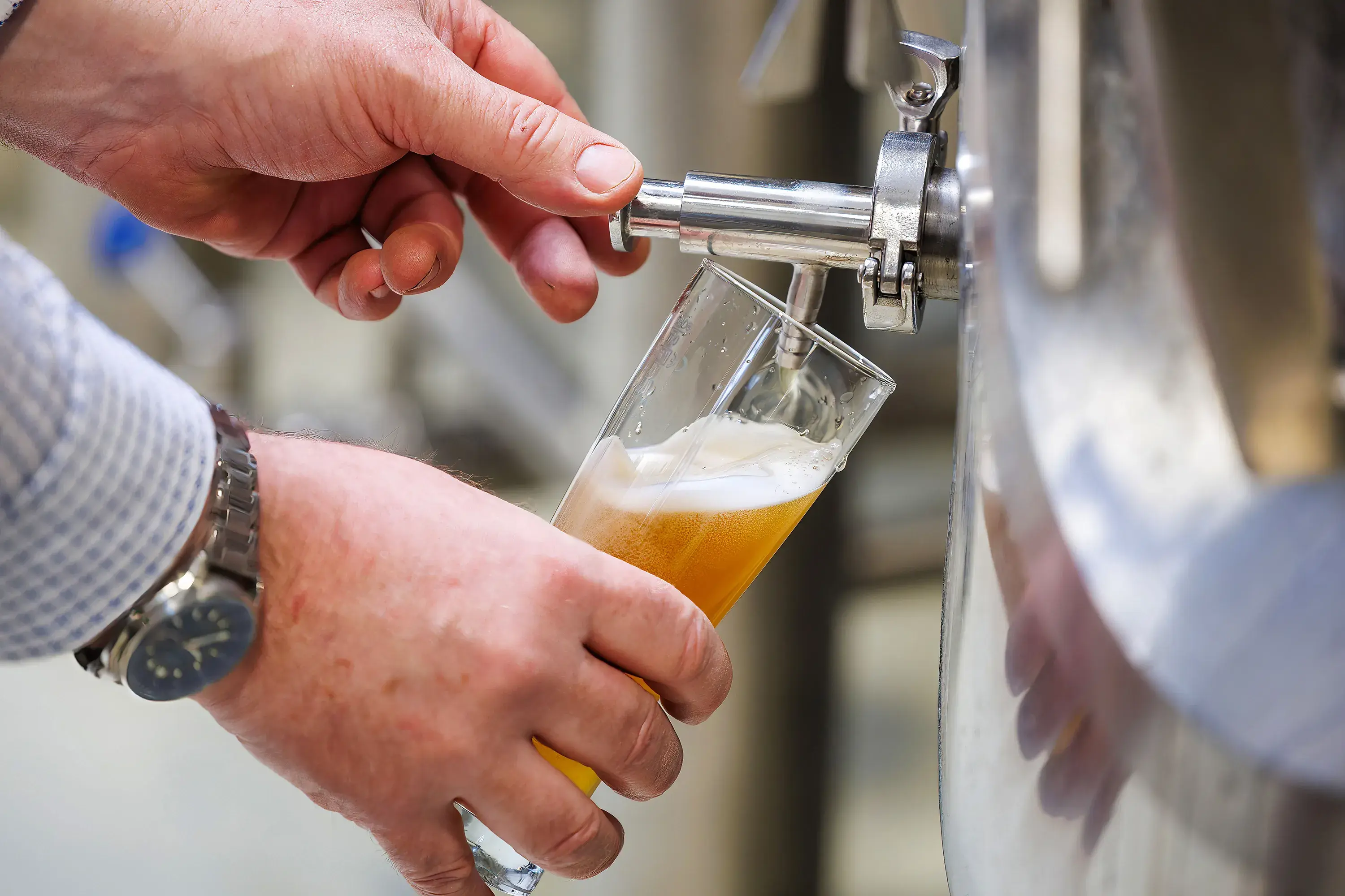 Ing. Robert Kreuzmayr zapft frisches, naturtrübes Wolfsegger Bier direkt vom Lagertank in unserer Brauerei in Wolfsegg.