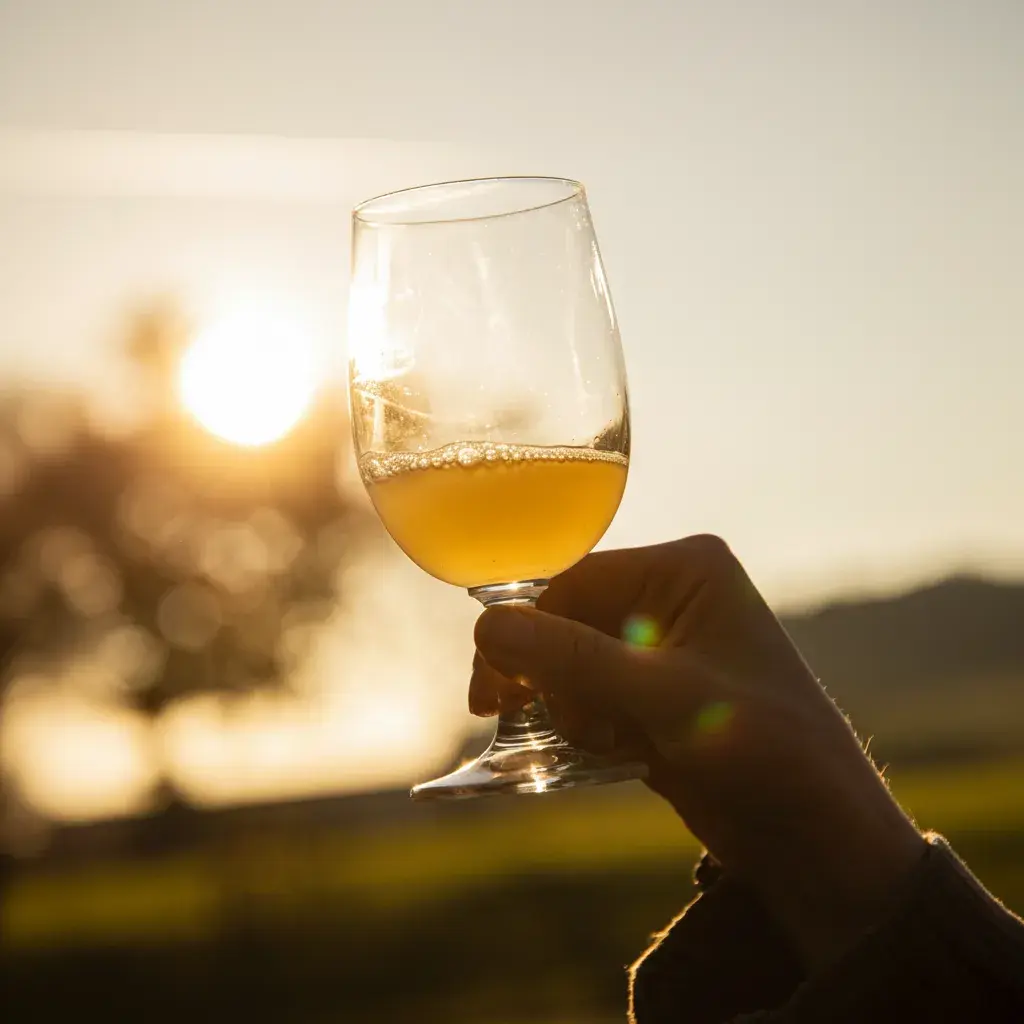 Deine Idee im Glas: Wir entwickeln mit dir die perfekte Rezeptur für deinen Cider. Ein Glas spritziger Cider mit Kohlensäure-Perlen, beleuchtet von der Abendsonne – das Ergebnis einer individuellen Getränke-Rezeptur bei bimalo.