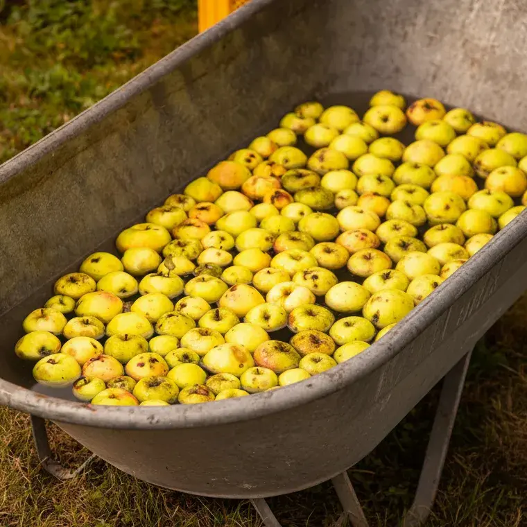 Nur das Beste aus dem Hausruck: Frische Äpfel vom Moar auf der Leiten. Frisch geerntete, regionale Äpfel in einer Schubkarre auf einer Streuobstwiese, bereit für die MADL Mostproduktion.