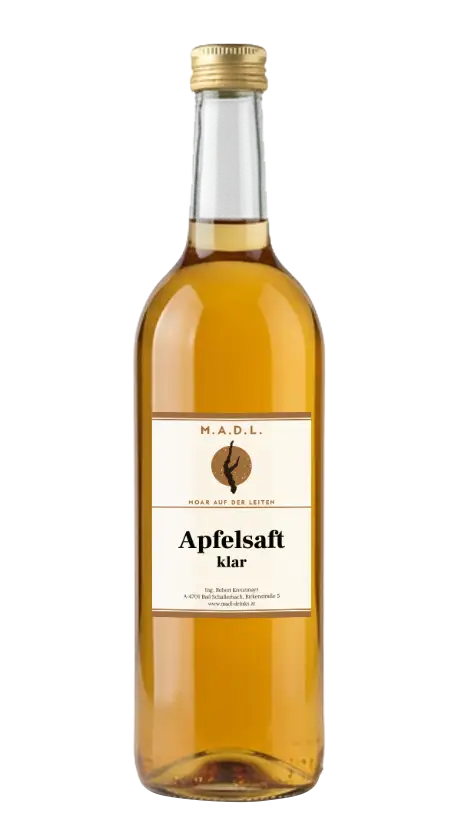 Flasche klarer MADL Apfelsaft, 100 % Direktsaft ohne zugesetzten Zucker aus eigenen Äpfeln.