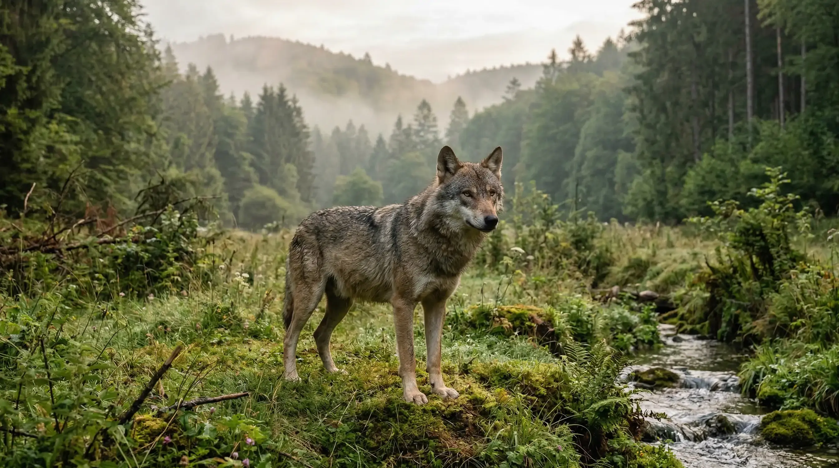 Ein majestätischer Wolf steht an einem klaren Bachlauf im dichten Wald, Symbol für die Reinheit des Urgesteinswassers im Wolfsegger Bier.