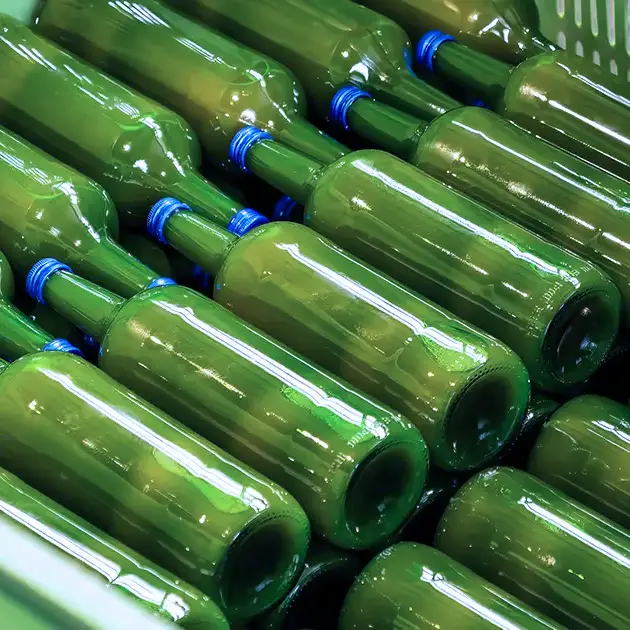 Grenzenlose Vielfalt: Wir füllen Ihr individuelles Getränk in die passende Flasche. Eine Auswahl fertig gefüllter grüner Glasflaschen bei bimalo, die die Vielfalt der abfüllbaren Getränkesorten zeigt.