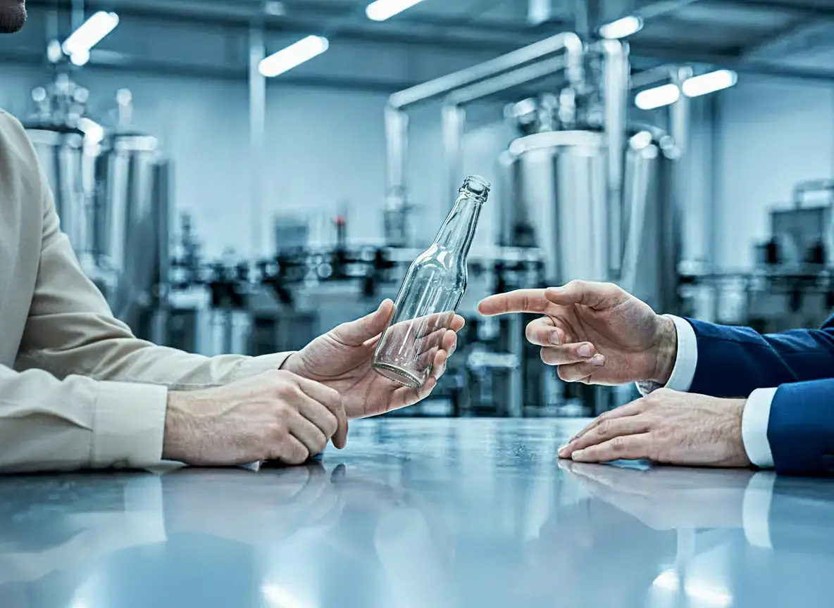 Symbolische Nahaufnahme von zwei sprechenden Händen vor einer Abfüllanlage und Flasche bei bimalo – Beginn der gemeinsamen Planung.