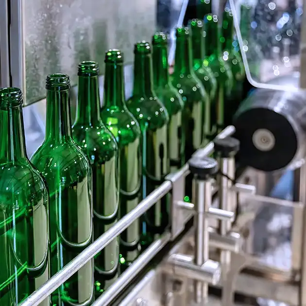 Exzellenz in Serie: Strukturierte Prozesse für höchste Hygiene und Produktqualität. Reihe grüner Glasflaschen auf dem Förderband bei bimalo, Symbole für strukturierte Produktionsprozesse und strenge Hygienestandards.